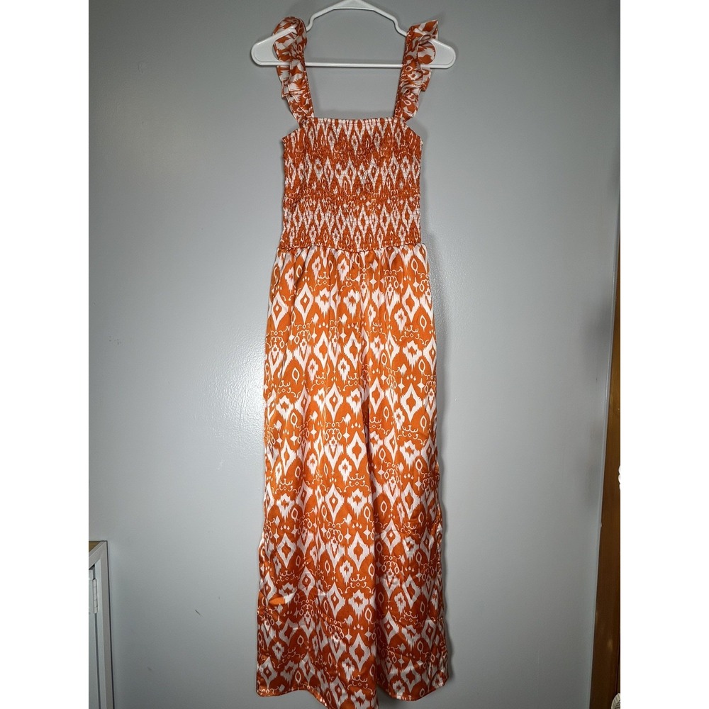 Orange & White Smocked Wide Leg Jumpsuit Women's L Resort Wear Flirty Flowy